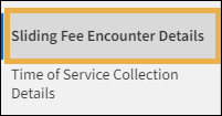 Reporting menu with a yellow highlight box around the Sliding Fee Encounter Details report.